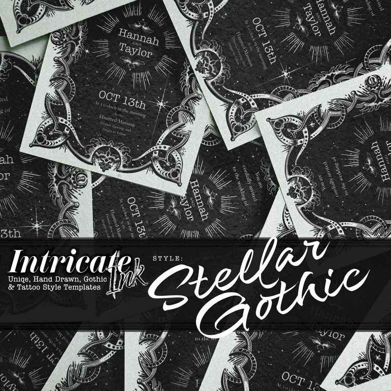 Puede incluir: Invitaciones de boda en blanco y negro con dise&ntilde;o g&oacute;tico. Las invitaciones muestran los nombres "Hannah y Taylor" y la fecha "OCT 13th". Tambi&eacute;n se ve el texto "Intricate Ink" y "Stellar Gothic".