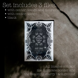 Puede incluir: Invitaci&oacute;n de boda en blanco y negro con borde ornamentado y fondo estrellado. La invitaci&oacute;n incluye los nombres Hannah y Taylor, y la fecha 13 de octubre. El texto "Set includes 3 files" tambi&eacute;n es visible.