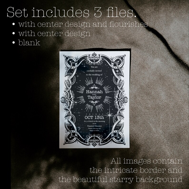 Puede incluir: Invitaci&oacute;n de boda en blanco y negro con borde ornamentado y fondo estrellado. La invitaci&oacute;n incluye los nombres Hannah y Taylor, y la fecha 13 de octubre. El texto "Set includes 3 files" tambi&eacute;n es visible.