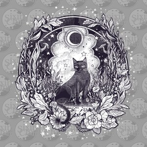 Witch’s Cat Intricate Design - Black/White | Printable for Shirts, Stickers, & Coloring | Tattoo Design Style | Digital Download