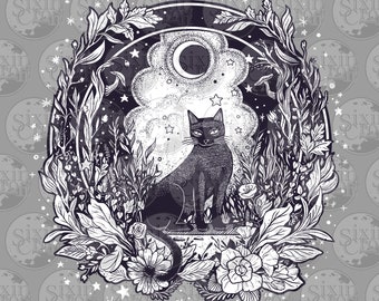 Diseño intrincado del gato de la bruja - Negro/Blanco / Imprimible para camisas, pegatinas y colorear / Estilo de diseño de tatuaje / Descarga digital