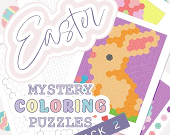 Páginas para colorear misteriosas: tema de Pascua y primavera, página 2 / Nivel fácil / Color por número, hexagrama, pixel art / Edad recomendada: 5 años en adelante / Hoja para impresión digital