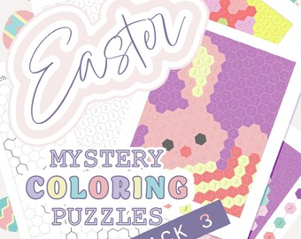 Páginas para colorear misteriosas: tema de Pascua y primavera, página 3 / Nivel fácil / Colorear por número, hexagrama, pixel art / Edad recomendada: 5 años en adelante / Hoja para impresión digital