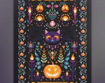 Patrón de punto de cruz de gato negro para Halloween / Descarga digital en PDF / Perfecto para principiantes y bordadores experimentados / 13 500 puntadas