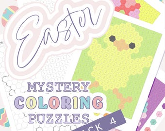 Páginas para colorear misteriosas: tema de Pascua y primavera, página 4, nivel fácil, dibujo de píxeles con hexagramas para colorear por número, recomendadas para mayores de 5 años, hoja para impresión digital
