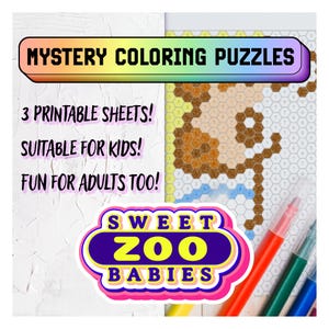 Mystery Coloring Pages - Three Sweet Zoo Babies | Color by Number Pixel Art | Suitable for All Ages | Printable Digital Coloring Sheet