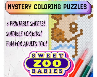 Páginas para colorear misteriosas: Tres adorables bebés del zoológico / Colorear por número en pixel art / Apto para todas las edades / Hoja para colorear digital imprimible