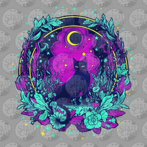 Witch’s Cat Intricate Design - Neon | Printable for Shirts, Stickers, & Coloring | Tattoo Design Style | Digital Download