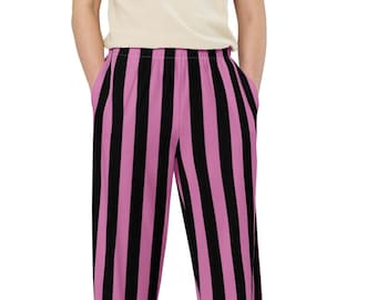 Pantalones de salón con rayas piratas en negro y lavanda, pijamas/ropa informal unisex con bolsillos de pierna ancha