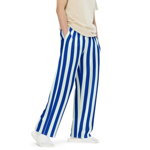 Blue and White Striped Lounge Pants Pajamas / Unisex Casual Loungewear Wide-Leg Pockets