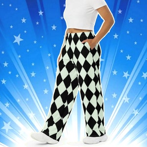 Black and White Harlequin Check Lounge Pants Pajamas / Unisex Casual Loungewear Wide-Leg Pockets