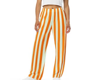 Orange and White Striped Lounge Pants Pajamas / Unisex Casual Loungewear Wide-Leg Pockets