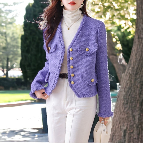 Tweed Lilac Jacket Coat Women's Elegant Short Blazer 