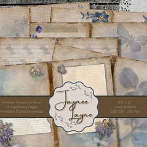 Gepresste Blumen in Blau Stationäre Seiten ~ Blank & Liniert ~ Digitales Papier ~ druckbare Muster ~ Shabby, Distressed, Floral, Print on Demand