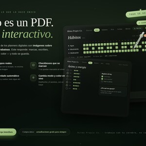 Può includere: Un'interfaccia di pianificatore digitale con tema scuro visualizzata su due schermi, con testo verde chiaro ed elementi interattivi. Il testo recita No es un PDF. Es interactivo. insieme a griglie di monitoraggio delle abitudini e caselle.
