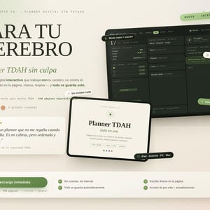 Può includere: Un pianificatore digitale interattivo per la gestione dell'ADHD visualizzato su due schermi di tablet. L'interfaccia presenta modalità scura e chiara, testo in spagnolo e pulsanti di navigazione. Il layout include sezioni per attività e note.