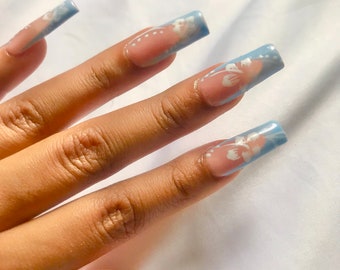 Cute | Blue French Tip+Hibiscus Flower Design | | Handmade Reusable Press On Nails