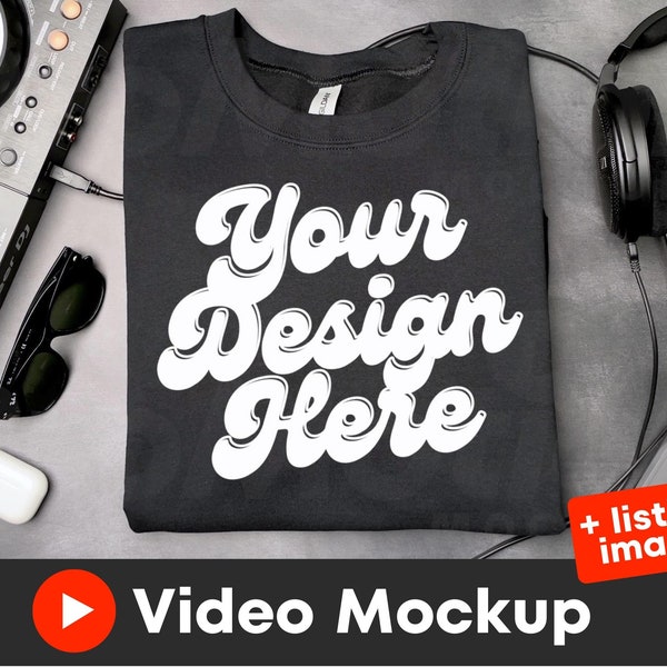 Gildan 18000 Mockup Black Sweatshirt Mockup EDM DJ Rave Lifestyle Crewneck Mockup | Flat Lay Video Mockup | ProMotionMockups