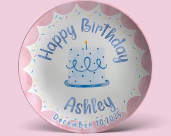 Girls Birthday Plate, Personalized First Birthday Plate with Pastel Scallops and Dots, Custom Ceramic Keepsake Gift for Kids P930EIX0