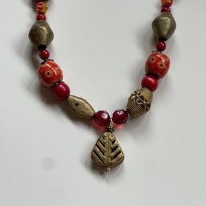 Red Coral Brass Necklace, Brass Bead Necklace, African Beads
