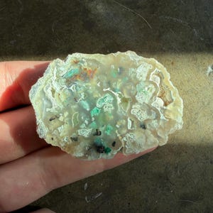 Puede incluir: Una piedra natural de forma irregular con una base translúcida blanquecina. La piedra presenta intrincados patrones de inclusiones verdes, marrones y negras, creando una apariencia orgánica única. La piedra se sostiene en una mano.