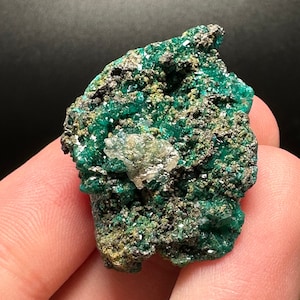 Dioptase Crystal Cluster with Calcite on Matrix - Democratic Republic of the Congo
