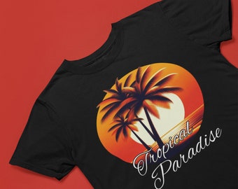May include: Black t-shirt featuring a graphic of palm trees and a sunset. The text "Tropical Paradise" is written in a cursive font.