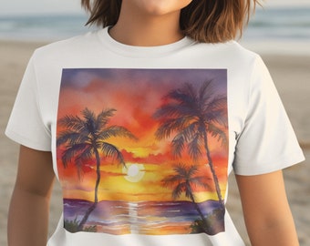 Tropical Sunset Beach T-shirt - Watercolor Beach at Sunset Tee