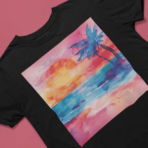 Tropical Sunset Tee, Beach Palm Trees Shirt, Watercolor Pastel Unisex T-Shirt, Vacation Sunset Top, Coastal Nature Tee, Summer Vibes Shirt,