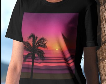 Purple and Orange Sunset with a Silhouetted Palm Tree T-shirt