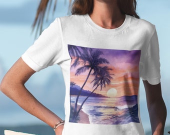 Camiseta Tropical Beach Sunset #2 con playa de arena, palmeras y hermosa puesta de sol en acuarela