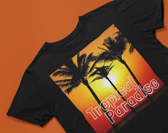 Tropical Paradise T-shirt with Golden Sun, Orange Sky, and Palm Tree Silhouettes