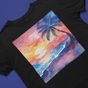Beach Sunset Tropical Unisex Tee, Ocean Palm Tree T-Shirt, Purple Watercolor Pastel Shirt, Vacation Clothing Gift, Summer Apparel, Nature