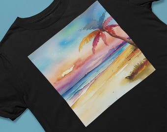 T-shirt unisexe aquarelle plage coucher de soleil, T-shirt tropical palmier, t-shirt vagues coucher de soleil plage, t-shirt coucher de soleil d'été, t-shirt plage coucher de soleil, océan