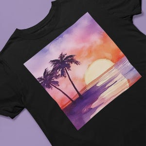 Tropical Sunset T-Shirt, Palm Tree Tee, Ocean Beach Shirt, Serene Nature Top, Summer Vacation Wear