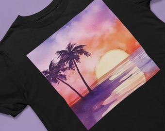 T-shirt coucher de soleil tropical, t-shirt palmier, chemise de plage océan, haut nature sereine, tenue de vacances d'été