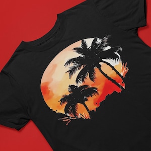 Sunset Palm Trees T-Shirt, Tropical Beach Tee, Summer Vacation Shirt, Orange Yellow Clouds, Unisex Heavy Cotton Tee