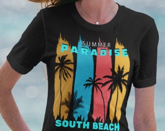 Summer Paradise South Beach T-shirt - Bronze, Gold, Melon, Aqua Blue Striped Shirt with Silhouetted Palm Trees