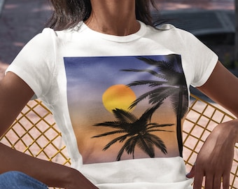 Atardecer tropical azul y naranja con camiseta de dos palmeras siluetadas, camisa Beach Paradise, camiseta Sunset Palm Tree, camisa de playa tropical