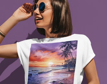 Camiseta Tropical Beach Sunset con palmeras y vista a la playa
