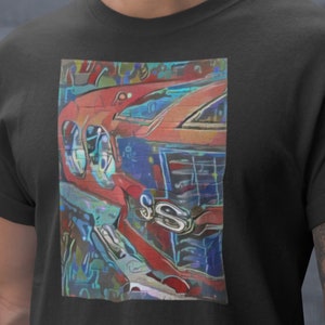 A Painted Rendering of a Classic Muscle Car T-shirt with image of vintage muscle car shirt.