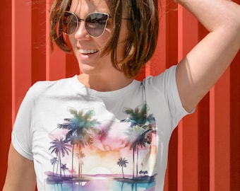 Sunset with Palm Trees Watercolor T-shirt | Tranquil Ocean and Beach Scene Tee
