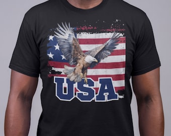 Swooping Eagle above the letters USA and a distressed American Flag on a Unisex Heavy Cotton Tee
