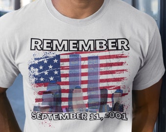 Souvenez-vous du T-shirt du 11 septembre 2001 avec l'image des tours jumelles et le drapeau américain | T-shirt commémoratif du 11 septembre