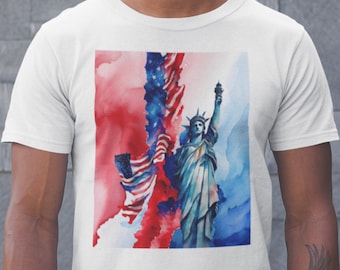 T-shirt Lady Liberty et drapeau américain | t-shirt aquarelle bleu blanc rouge | Chemise patriotique des États-Unis