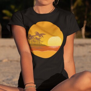 Retro Vintage Sunset T-shirt with Tropical Beach, Palm Trees and Mountain