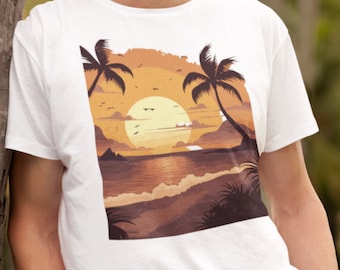 Camiseta cálida con puesta de sol tropical / Camiseta con ambiente playero y palmeras / Ropa para vacaciones de verano