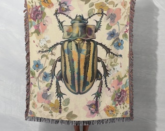 Beetle Blanket Floral Cottagecore Decor Insect Lover Pastel Whimsigoth Bug Theme Baby Blanket Vintage Beetle Tapestry Throw Blanket