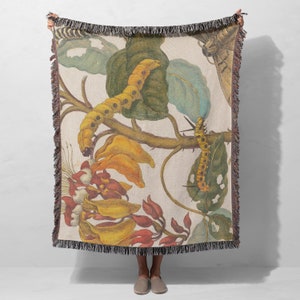 Caterpillar Throw Blanket Vintage Insect Drawing Butterfly Art Cotton Woven Throw Botanical Decor Mother&#39;s Day Gift Bug Lover Gift