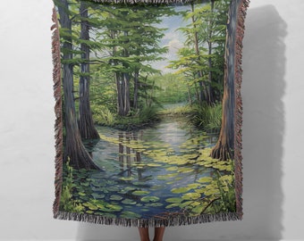 Forest Throw Blanket Cypress Tree Woven Throw Nature Housewarming Gift Swamp Art Cottagecore Southern Decor Forestcore Tapestry Lily Pad Art